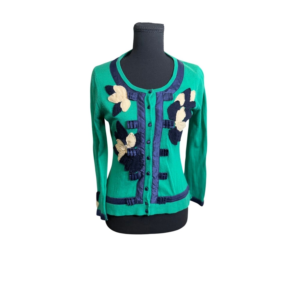 Field Flower Anthropologie Cardigan Womens S Green Floral Applique Satin
